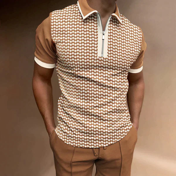 Men's Polo Shirt - Muscle Fit - Zipper Collar - Houndstooth Panel - Short Sleeve