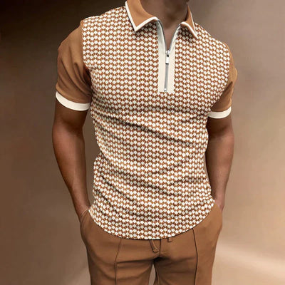 Men's Polo Shirt - Muscle Fit - Zipper Collar - Houndstooth Panel - Short Sleeve