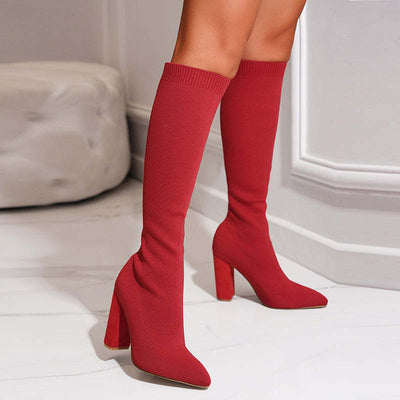 Women’s Knee High Sock Boots – Stretch Knit – Slim Fit – Pointed Toe – Block Heel