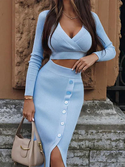 Women's Knit Two-Piece Set - Wrap V-Neck Crop Top & High-Waisted Button Midi Skirt