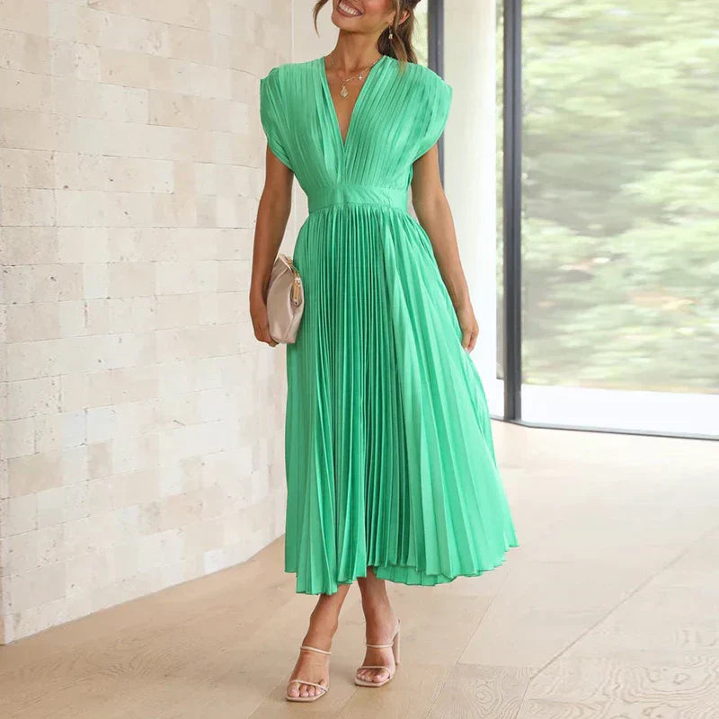 Women's Pleated Midi Dress - Sleeveless Deep V-Neck - Fitted Waist Elegant Flow