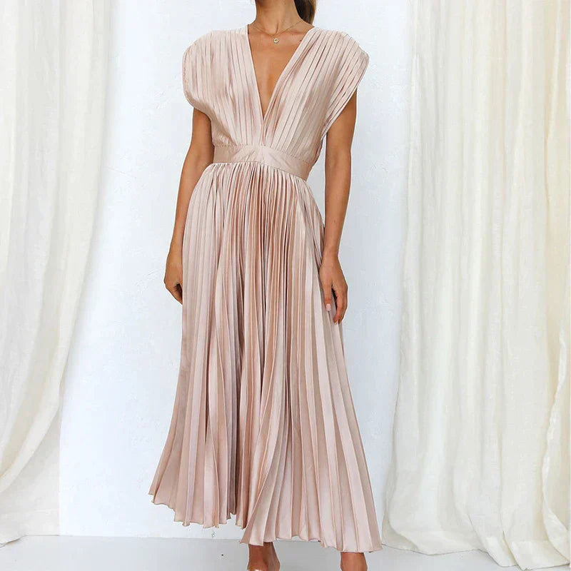 Women's Pleated Midi Dress - Sleeveless Deep V-Neck - Fitted Waist Elegant Flow