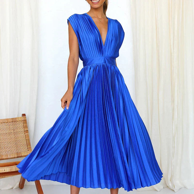Women's Pleated Midi Dress - Sleeveless Deep V-Neck - Fitted Waist Elegant Flow