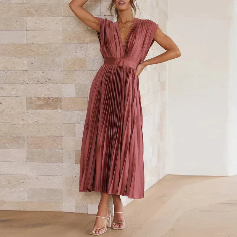 Women's Pleated Midi Dress - Sleeveless Deep V-Neck - Fitted Waist Elegant Flow