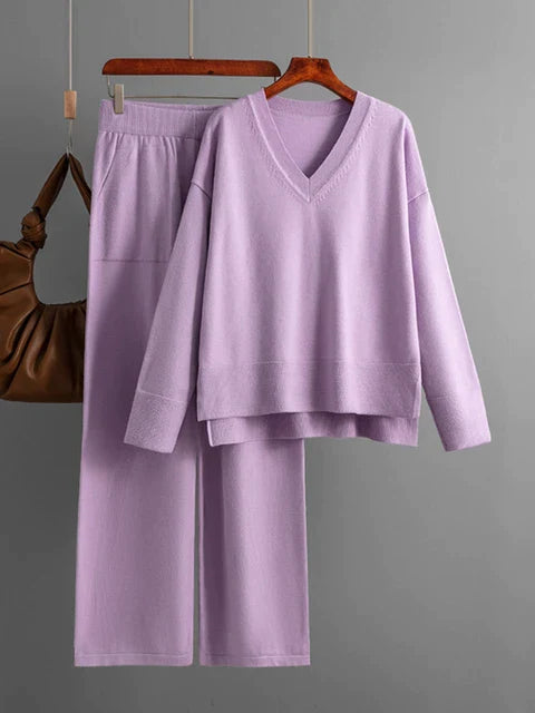 Women's v neck sweater and wide leg loose two piece set