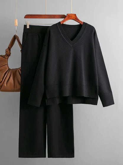 Women's v neck sweater and wide leg loose two piece set