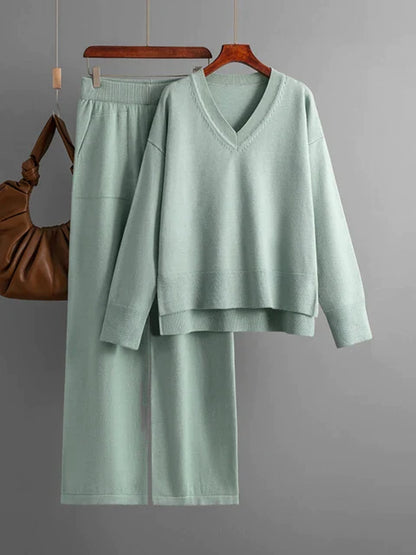 Women's v neck sweater and wide leg loose two piece set