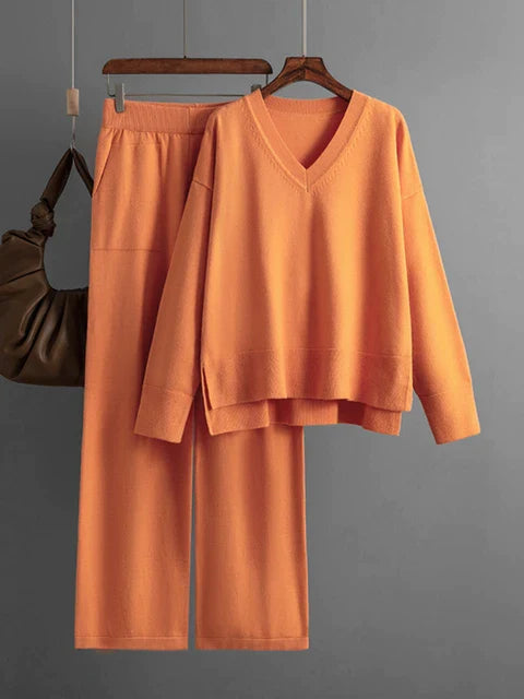 Women's v neck sweater and wide leg loose two piece set