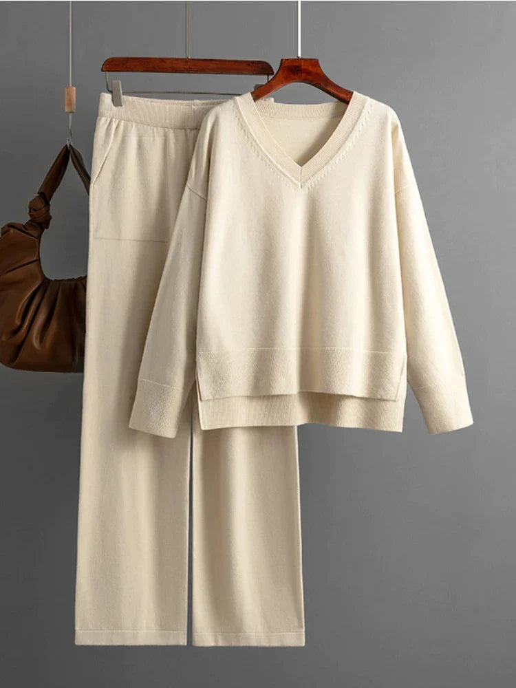 Women's v neck sweater and wide leg loose two piece set