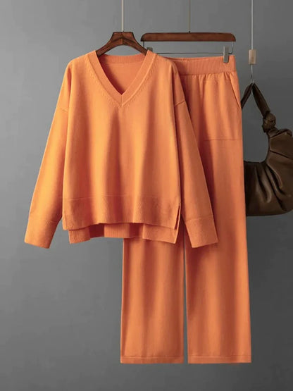 Women's v neck sweater and wide leg loose two piece set