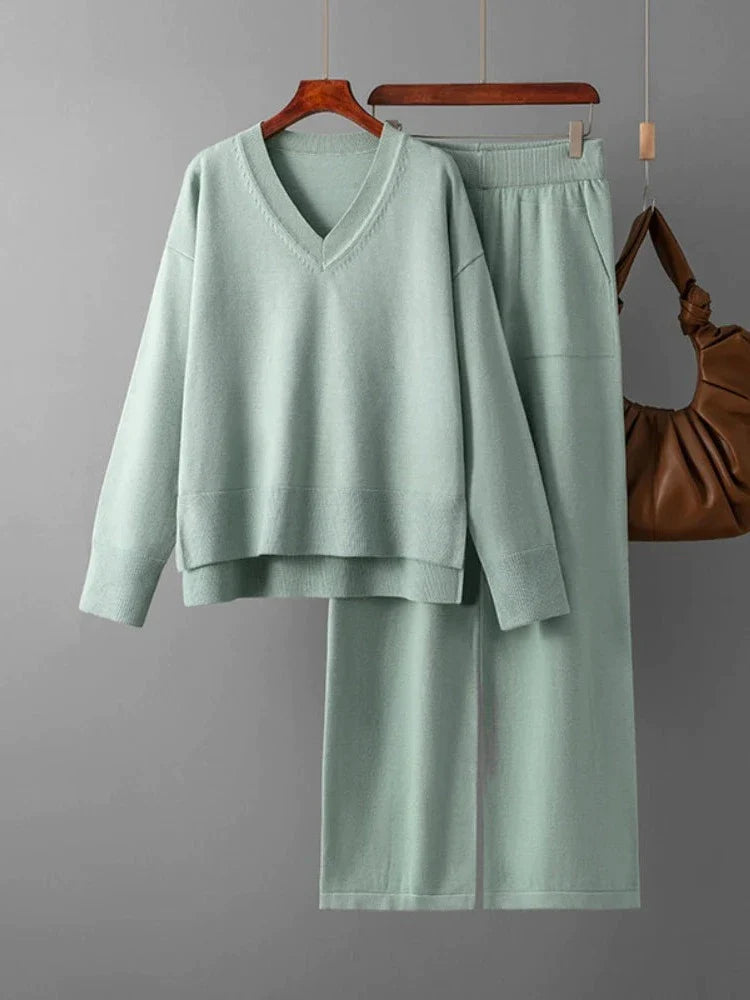 Women's v neck sweater and wide leg loose two piece set