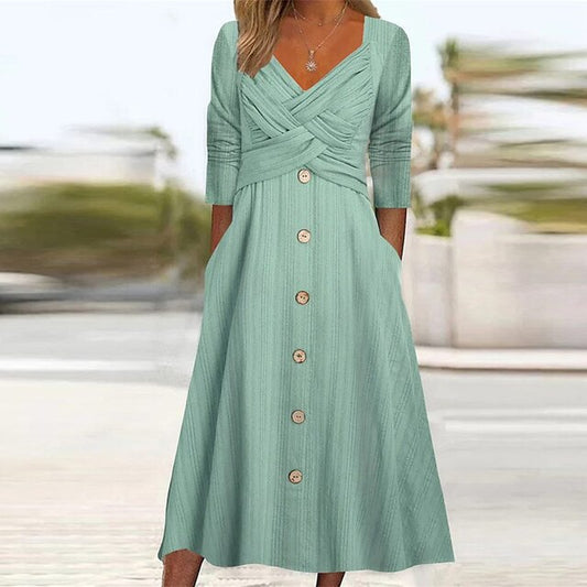 Women's A-Line Dress - V-Neck Wrap Style - Button Front - 3/4 Sleeve - Elegant Fit