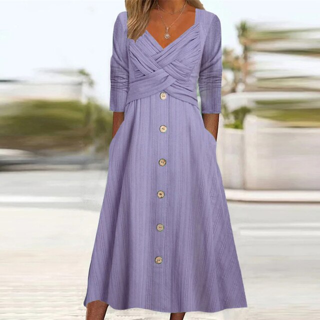 Women's A-Line Dress - V-Neck Wrap Style - Button Front - 3/4 Sleeve - Elegant Fit