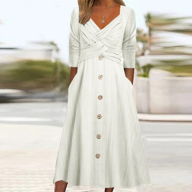 Women's A-Line Dress - V-Neck Wrap Style - Button Front - 3/4 Sleeve - Elegant Fit