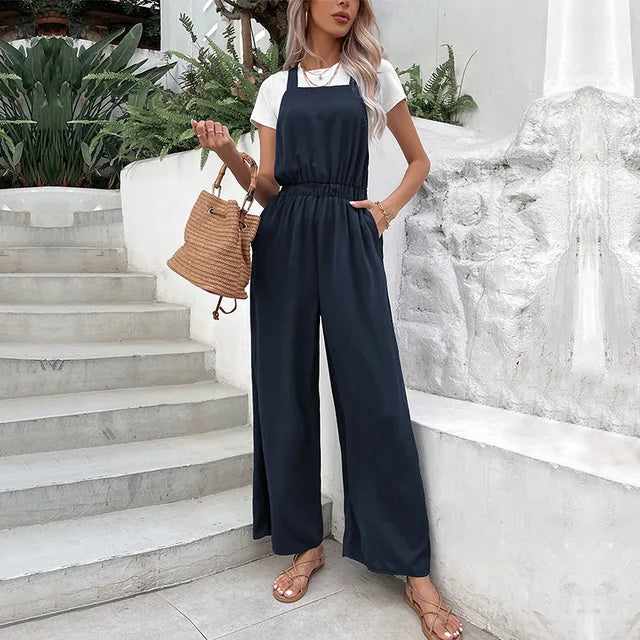 Womens wide-leg jumpsuit with elastic waist and side pockets