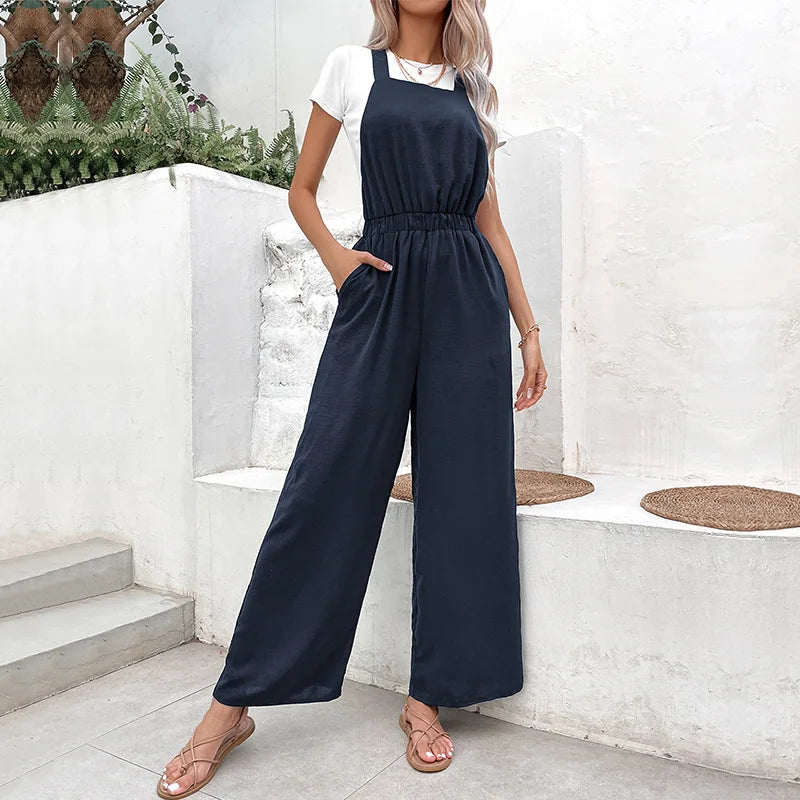 Womens wide-leg jumpsuit with elastic waist and side pockets