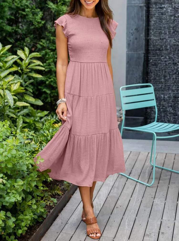 Women's Midi Dress - A-Line Silhouette - Smocked Bodice - Flutter Sleeves - Tiered Skirt