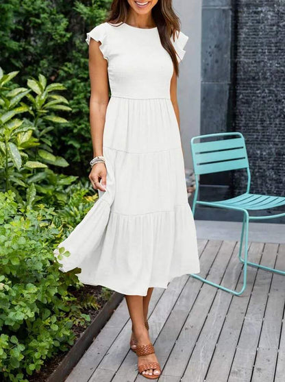 Women's Midi Dress - A-Line Silhouette - Smocked Bodice - Flutter Sleeves - Tiered Skirt