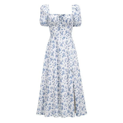 Women's Floral Dress - Square Neck - Puff Sleeve - A-Line Midi with Side Slit