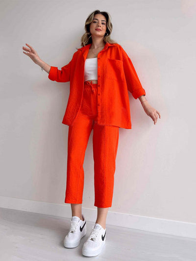 Women's Co-Ord Set - Oversized Button-Up Shirt & Wide-Leg Trousers - Relaxed Fit