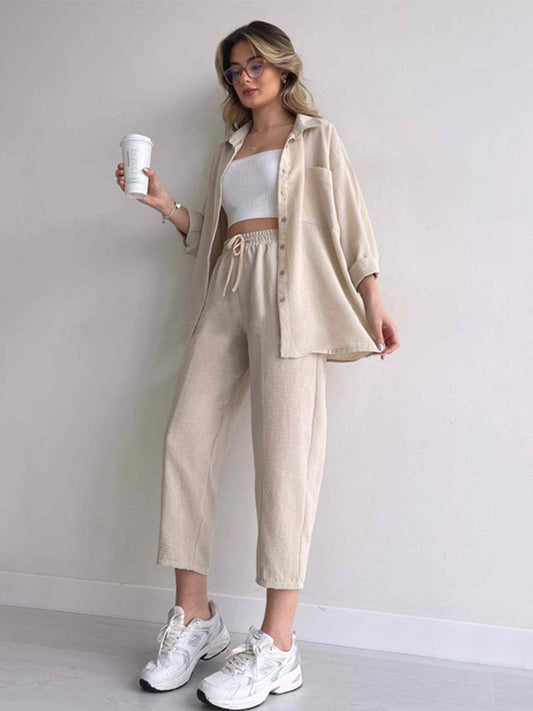 Women's Co-Ord Set - Oversized Button-Up Shirt & Wide-Leg Trousers - Relaxed Fit