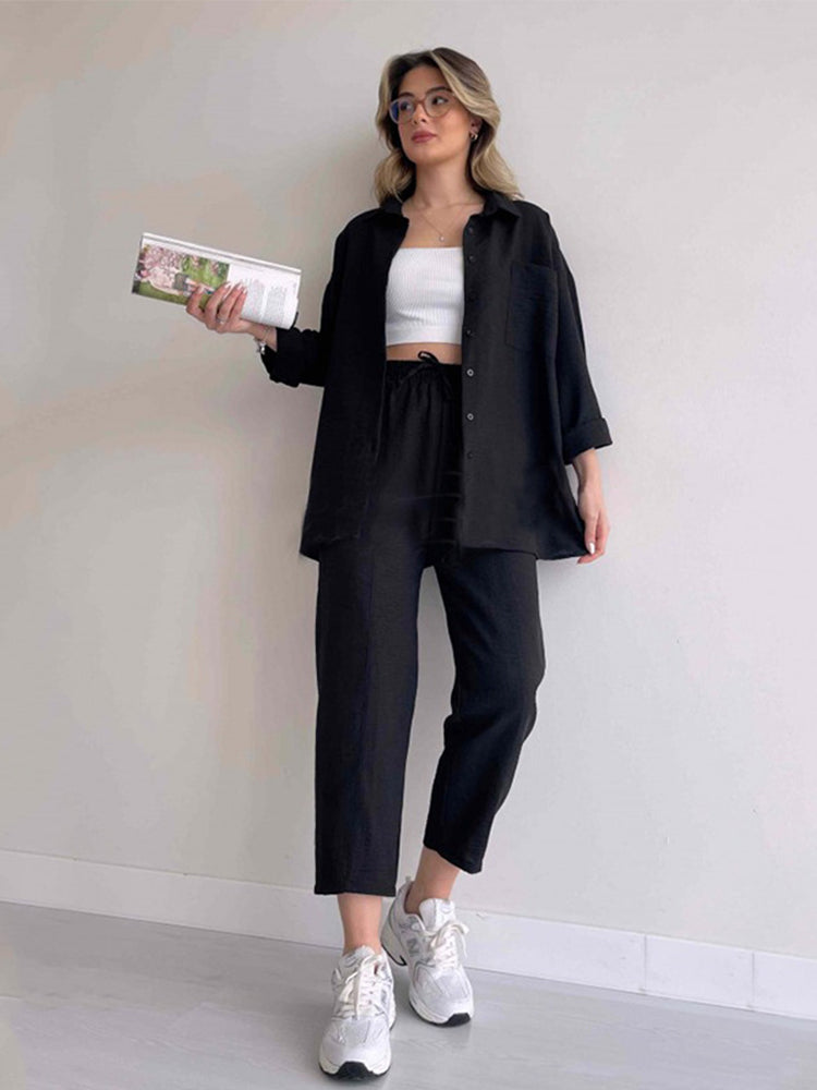 Women's Co-Ord Set - Oversized Button-Up Shirt & Wide-Leg Trousers - Relaxed Fit