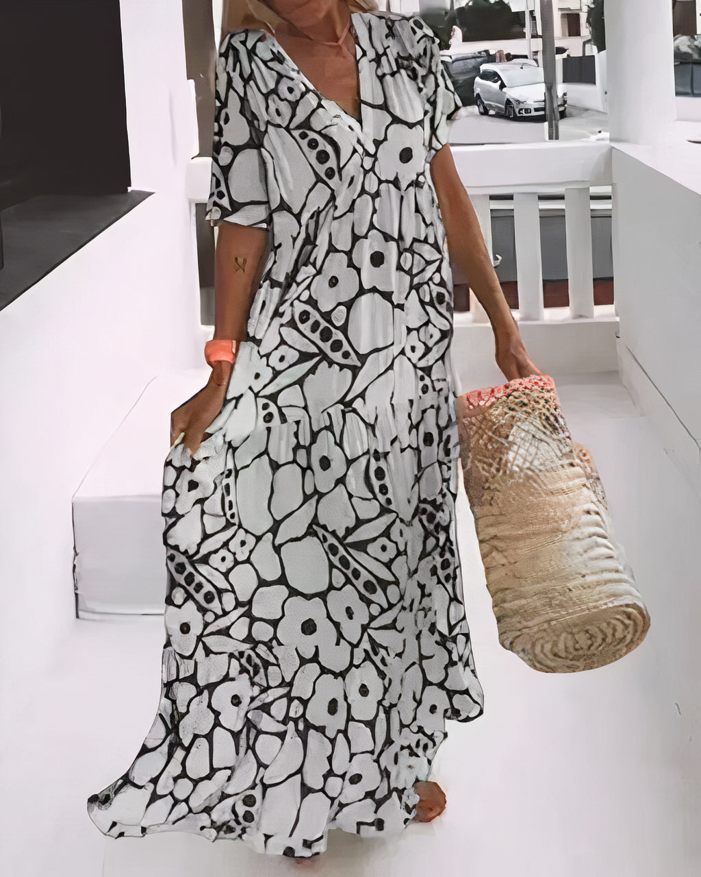 Women’s Maxi Dress – Relaxed Fit – Short Sleeve – Deep V-Neck – Breathable Fabric