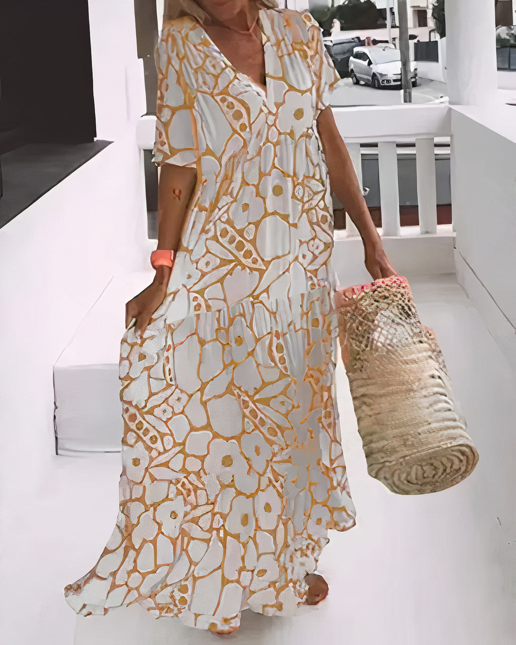 Women’s Maxi Dress – Relaxed Fit – Short Sleeve – Deep V-Neck – Breathable Fabric