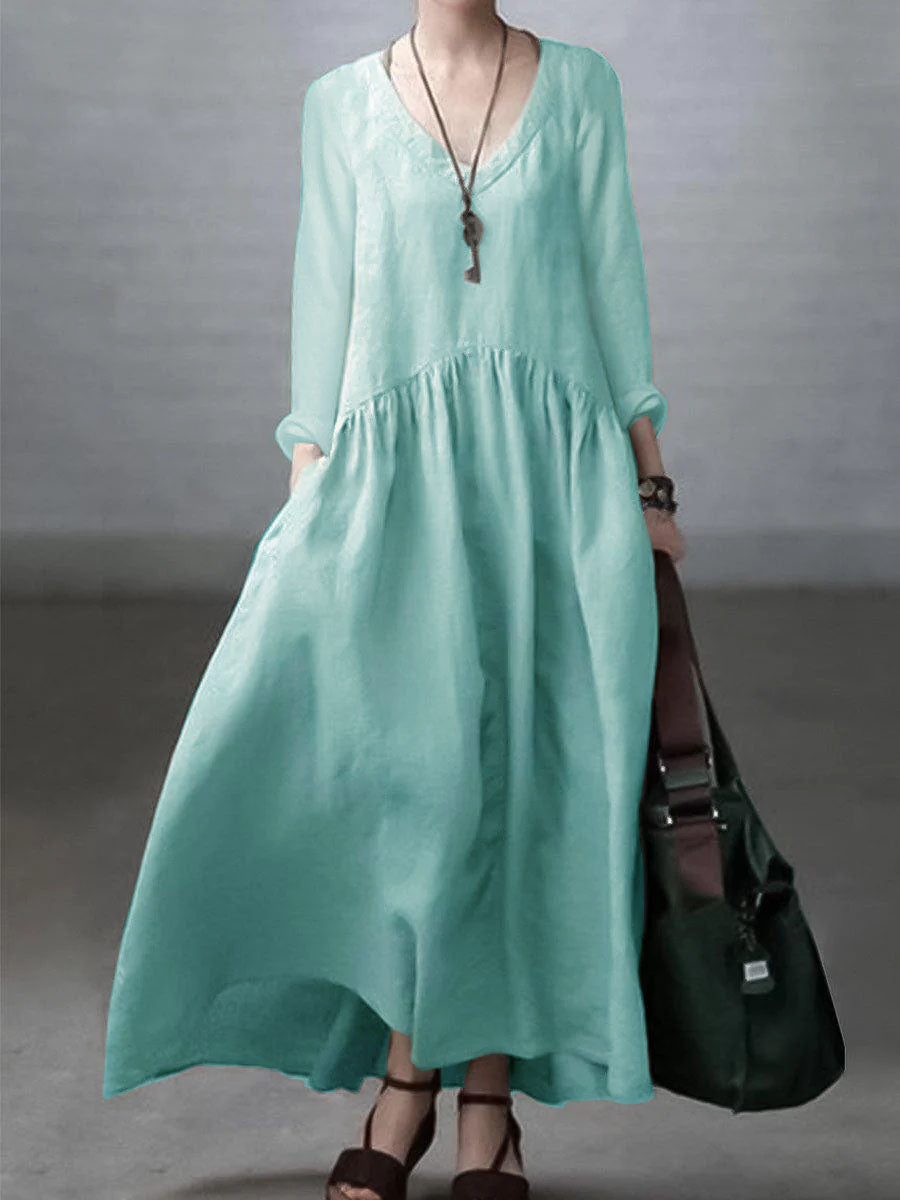 Women’s Maxi Dress – Natural Fibers – Relaxed Fit – V-Neck – Long Sleeve