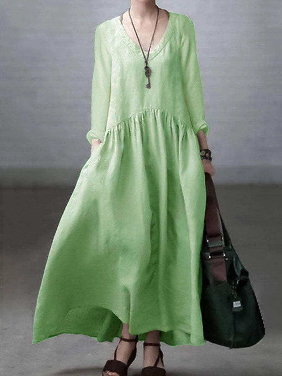 Women’s Maxi Dress – Natural Fibers – Relaxed Fit – V-Neck – Long Sleeve