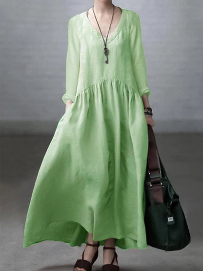 Women’s Maxi Dress – Natural Fibers – Relaxed Fit – V-Neck – Long Sleeve