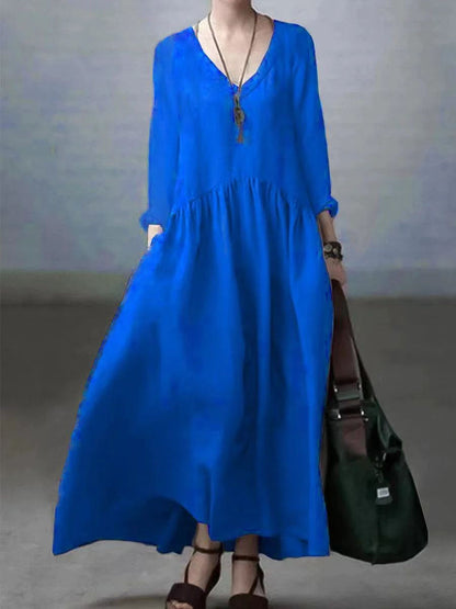 Women’s Maxi Dress – Natural Fibers – Relaxed Fit – V-Neck – Long Sleeve
