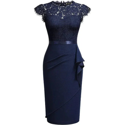 Women's Cocktail Dress - Lace Overlay - Cap Sleeves - Satin Waistband - Ruffle Detail