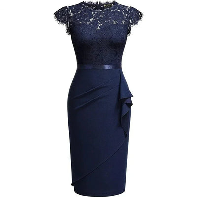 Women's Cocktail Dress - Lace Overlay - Cap Sleeves - Satin Waistband - Ruffle Detail