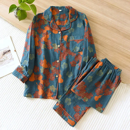 Women’s Pajama Set – Relaxed Fit – Button-Up with Piping – Breathable Blend – Full Length