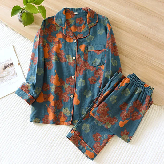 Women’s Pajama Set – Relaxed Fit – Button-Up with Piping – Breathable Blend – Full Length