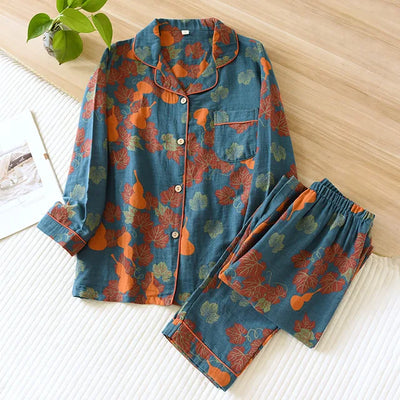 Women’s Pajama Set – Relaxed Fit – Button-Up with Piping – Breathable Blend – Full Length