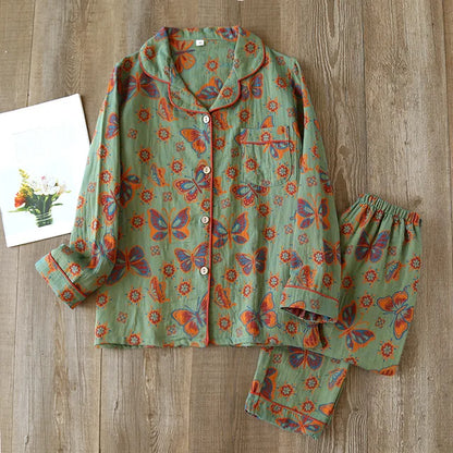 Women’s Pajama Set – Relaxed Fit – Button-Up with Piping – Breathable Blend – Full Length