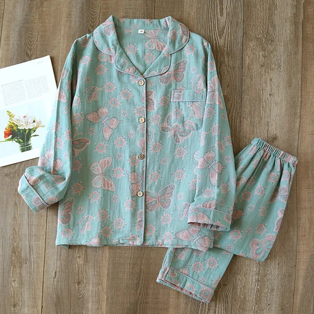 Women’s Pajama Set – Relaxed Fit – Button-Up with Piping – Breathable Blend – Full Length