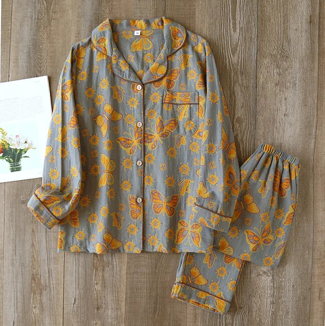 Women’s Pajama Set – Relaxed Fit – Button-Up with Piping – Breathable Blend – Full Length