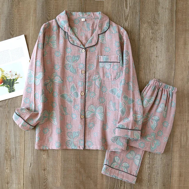 Women’s Pajama Set – Relaxed Fit – Button-Up with Piping – Breathable Blend – Full Length