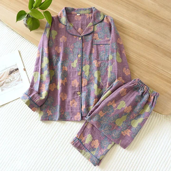 Women’s Pajama Set – Relaxed Fit – Button-Up with Piping – Breathable Blend – Full Length