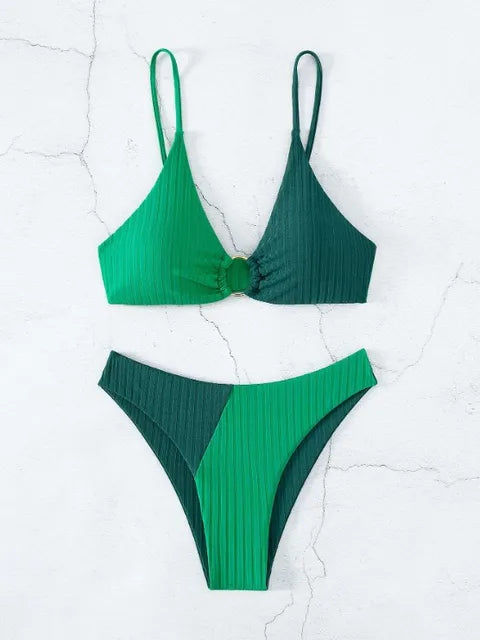 Women’s Bikini Set – Push-Up Top – High Waist Bottom – Ribbed Texture – Ring Detail