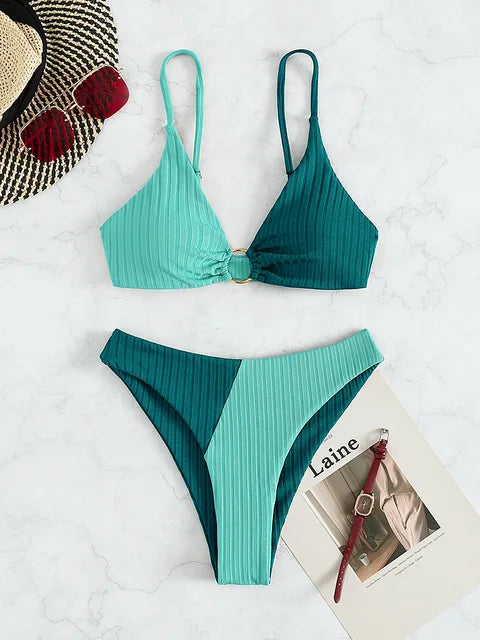 Women’s Bikini Set – Push-Up Top – High Waist Bottom – Ribbed Texture – Ring Detail
