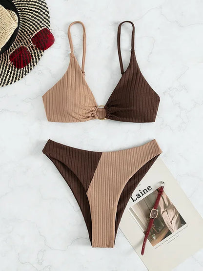 Women’s Bikini Set – Push-Up Top – High Waist Bottom – Ribbed Texture – Ring Detail