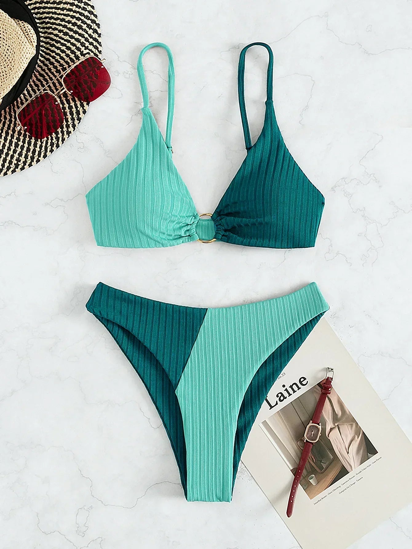 Women’s Bikini Set – Push-Up Top – High Waist Bottom – Ribbed Texture – Ring Detail