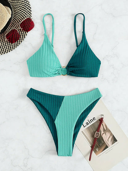 Women’s Bikini Set – Push-Up Top – High Waist Bottom – Ribbed Texture – Ring Detail