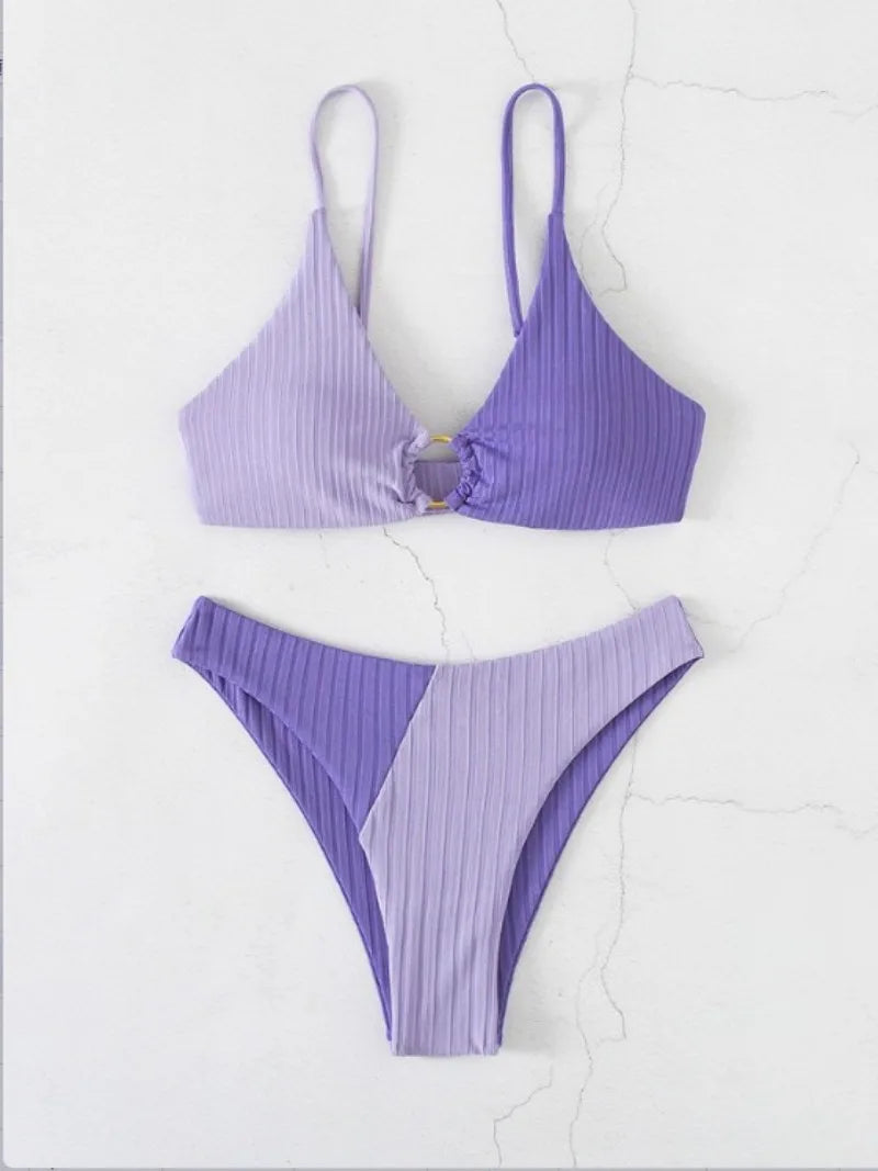 Women’s Bikini Set – Push-Up Top – High Waist Bottom – Ribbed Texture – Ring Detail
