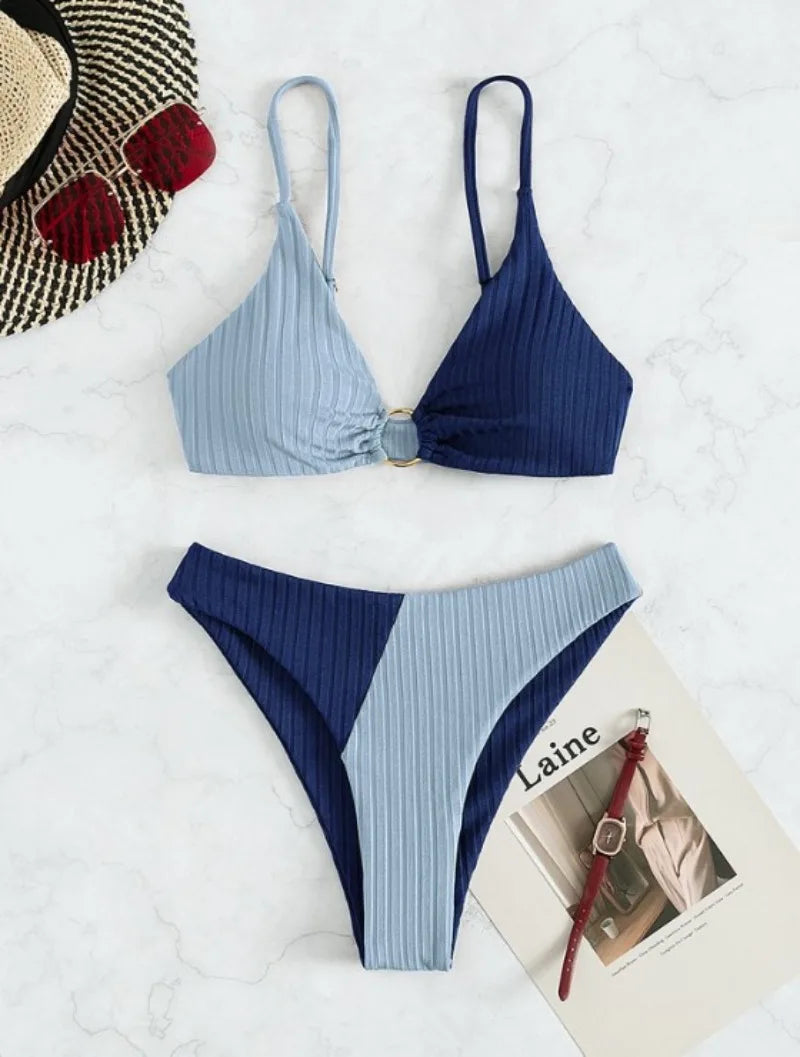 Women’s Bikini Set – Push-Up Top – High Waist Bottom – Ribbed Texture – Ring Detail