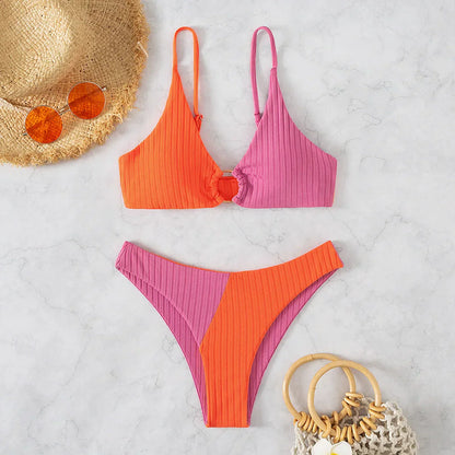 Women’s Bikini Set – Push-Up Top – High Waist Bottom – Ribbed Texture – Ring Detail